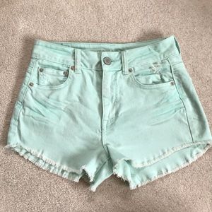 High waisted teal jean shorts